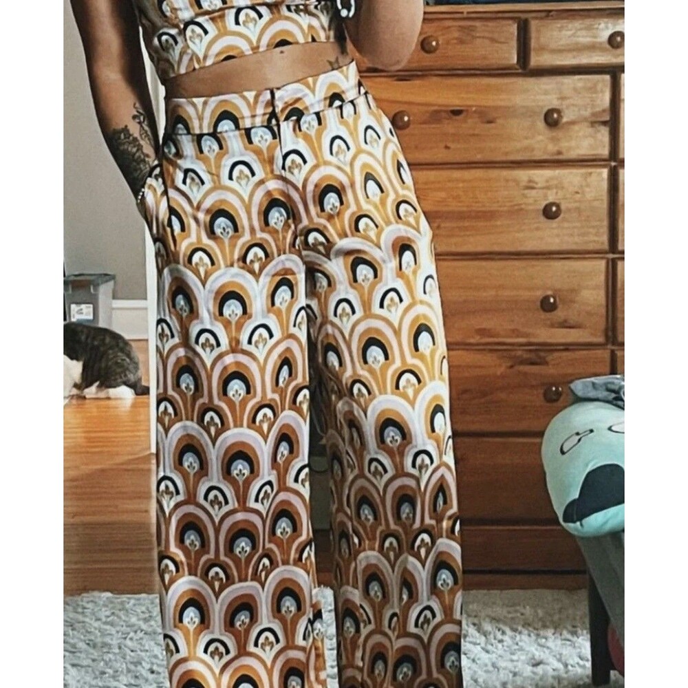 House of Harlow 1960 Satin Print Geometric Pants Size XL Wide Leg Palazzo EUC